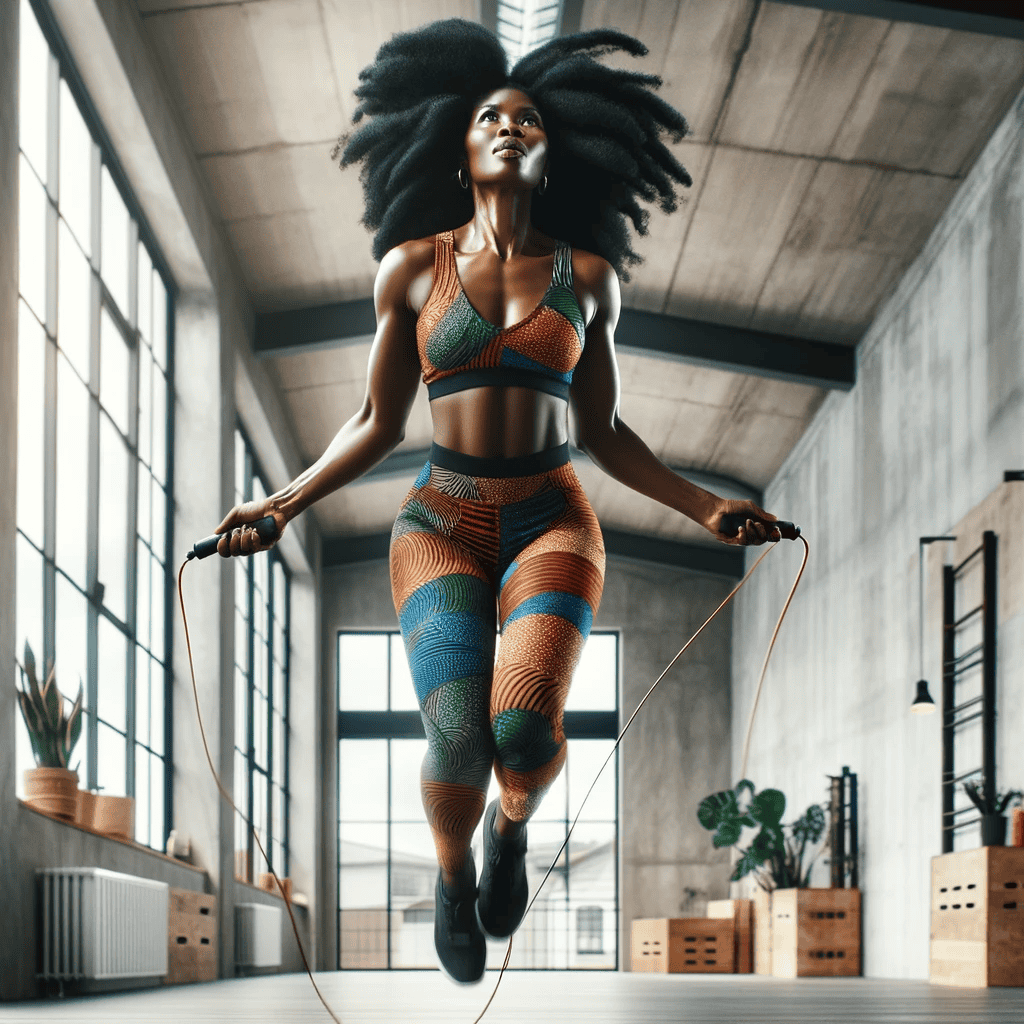 woman energetically jumping rope in a spacious, well-lit gym