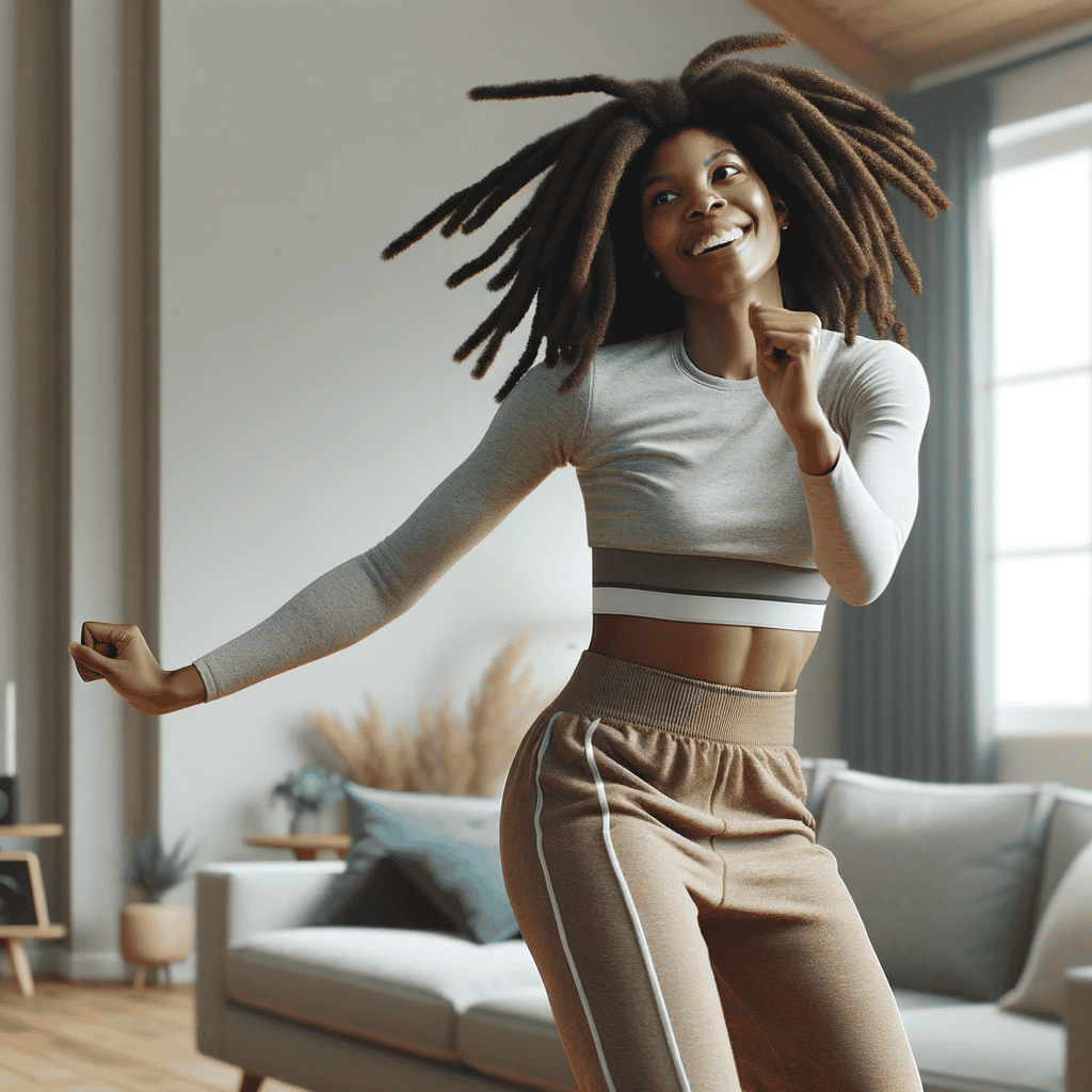 African American woman with hair in locs, full of energy and joy, doing a dance workout at home