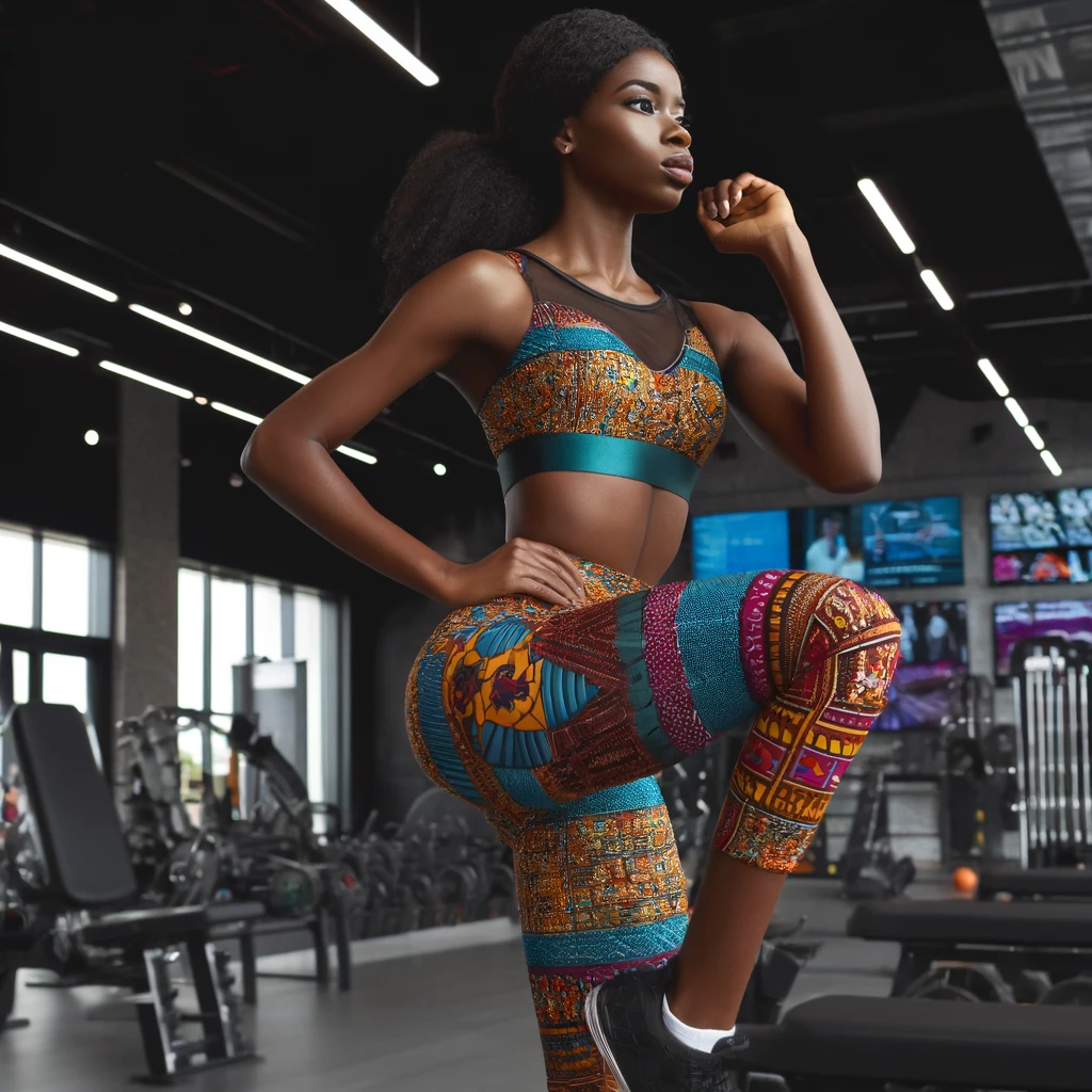 black woman in african print gym attire doing standing knee raise pose