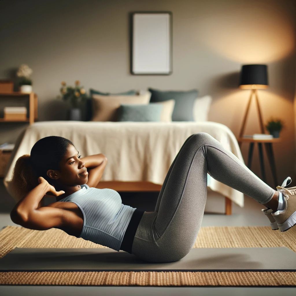 black woman doing an ab workout in her bedroom at home