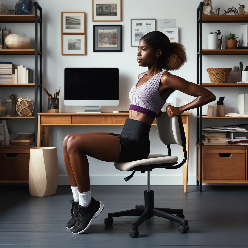 black woman doing ab workouts on a chair in her home office