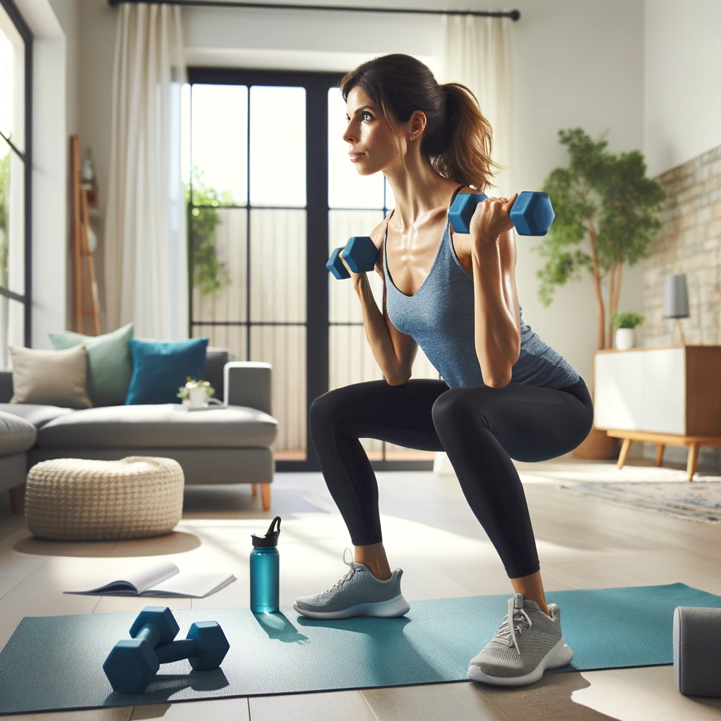 woman doing a home workout in a modern living room setting