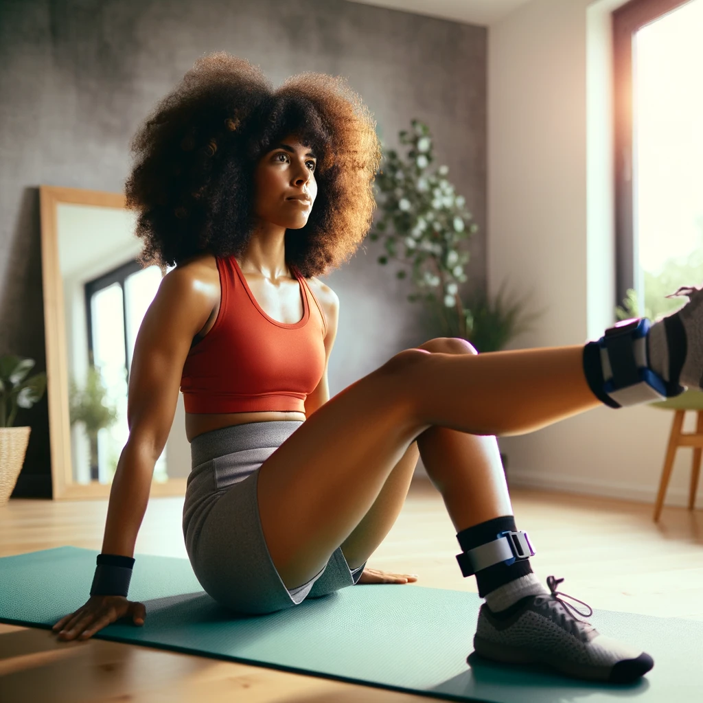 woman with big curly hair doing a leg workout using ankle weights